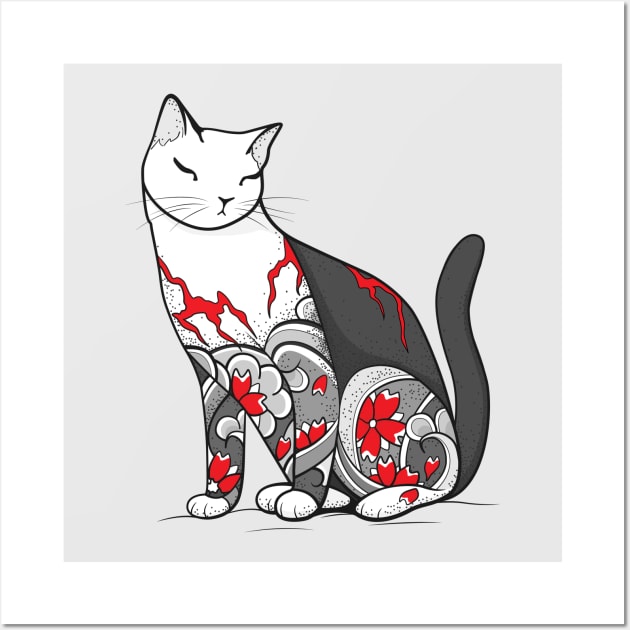 Cat in Cherry Blossom Tattoo Wall Art by runcatrun